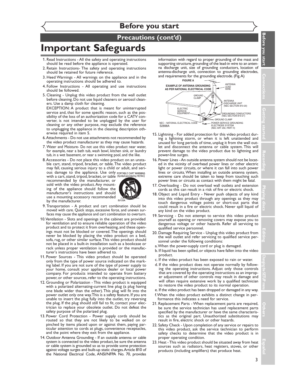 Important safeguards, Before you start, Precautions (cont’d) | Sharp DV-SR45U User Manual | Page 3 / 102