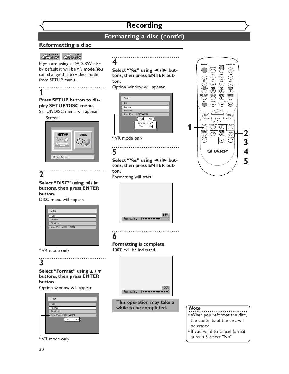 Recording, Formatting a disc (cont’d), Reformatting a disc | Formatting is complete. 100% will be indicated, This operation may take a while to be completed | Sharp DV-SR45U User Manual | Page 30 / 102