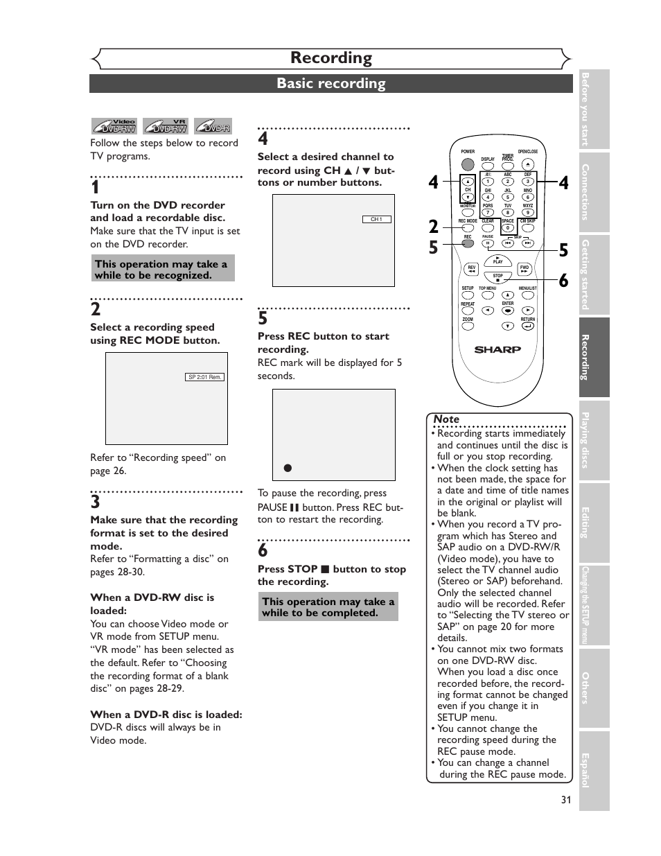 Recording, Basic recording, This operation may take a while to be recognized | Sharp DV-SR45U User Manual | Page 31 / 102