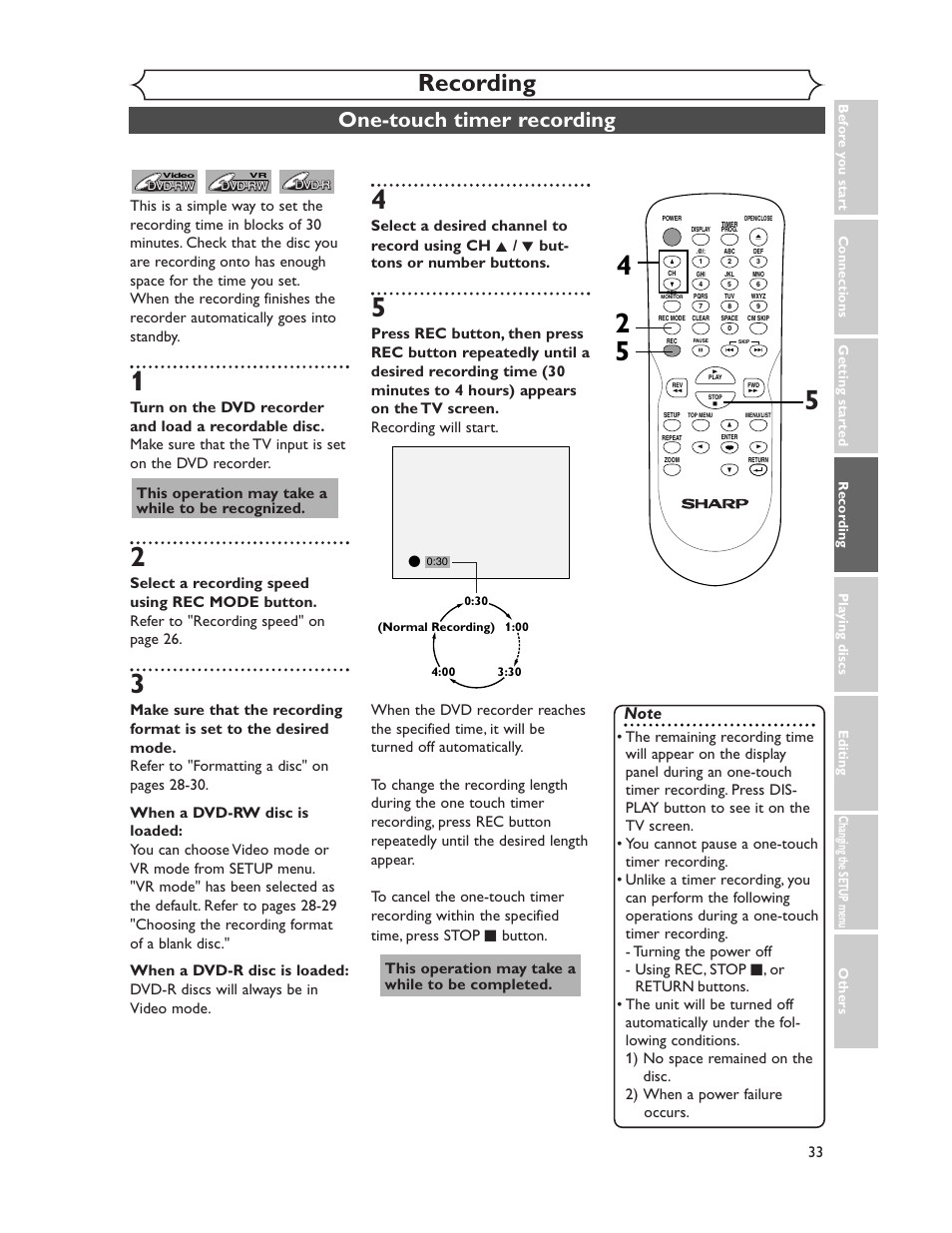 Recording, One-touch timer recording, This operation may take a while to be recognized | This operation may take a while to be completed | Sharp DV-SR45U User Manual | Page 33 / 102