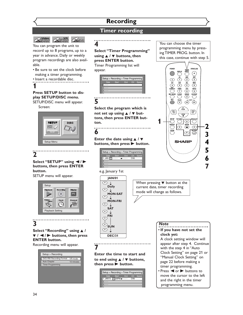 Recording, Timer recording | Sharp DV-SR45U User Manual | Page 34 / 102