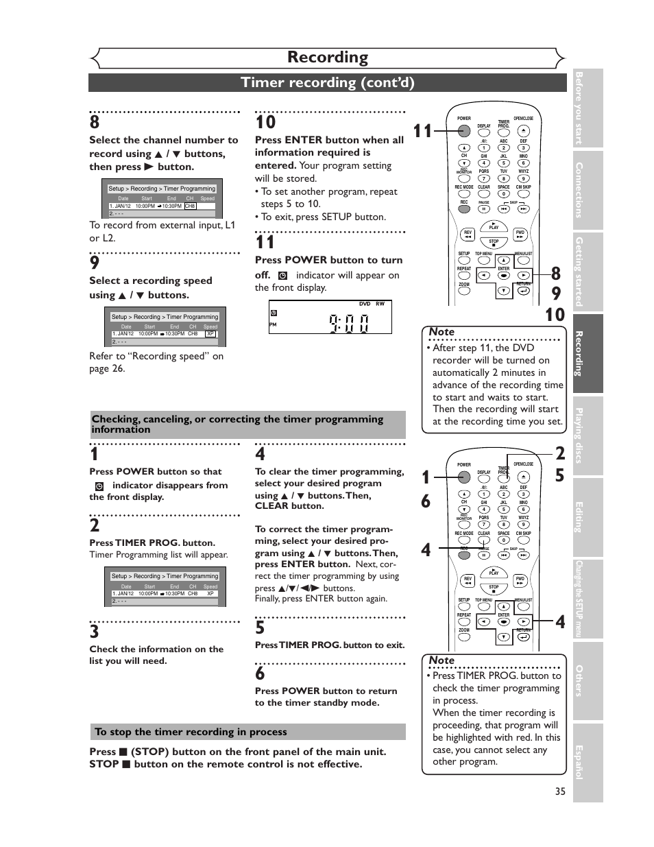 Recording, Timer recording (cont’d), Check the information on the list you will need | Press timer prog. button to exit | Sharp DV-SR45U User Manual | Page 35 / 102