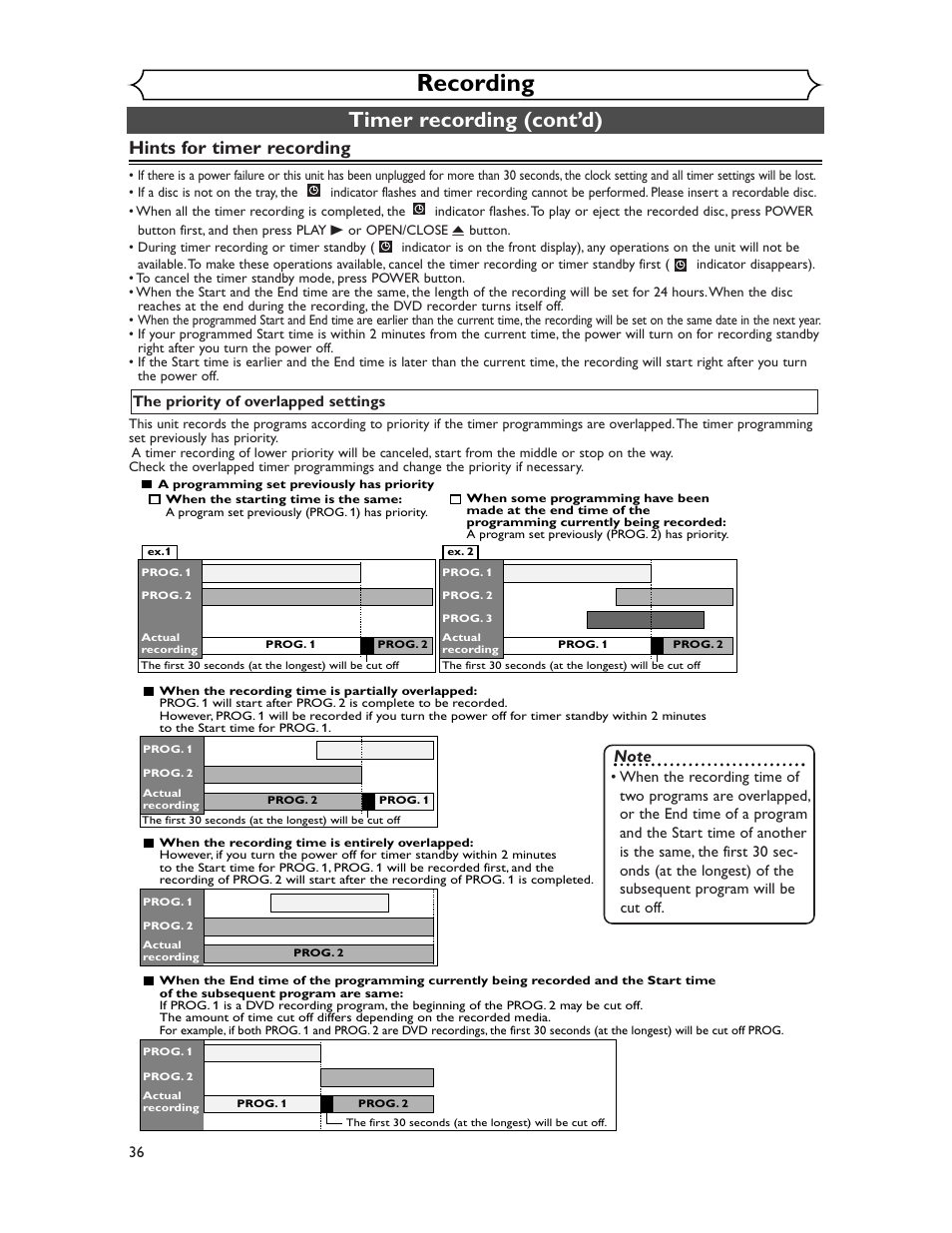 Recording, Timer recording (cont’d), Hints for timer recording | Sharp DV-SR45U User Manual | Page 36 / 102