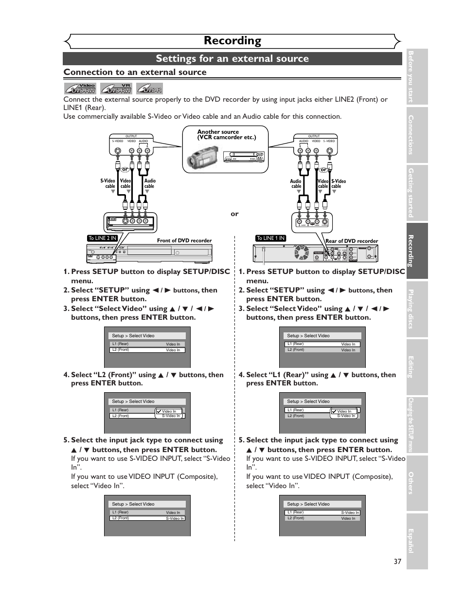 Recording, Settings for an external source, Connection to an external source | B buttons, Rec/otr open/close | Sharp DV-SR45U User Manual | Page 37 / 102