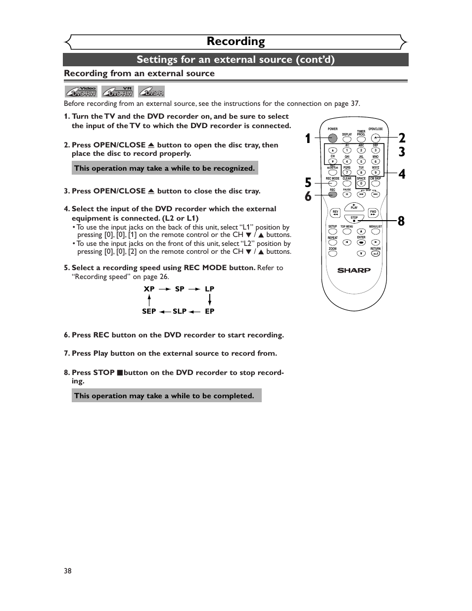 Recording, Settings for an external source (cont’d), Recording from an external source | This operation may take a while to be recognized, Xp sp lp ep slp sep | Sharp DV-SR45U User Manual | Page 38 / 102