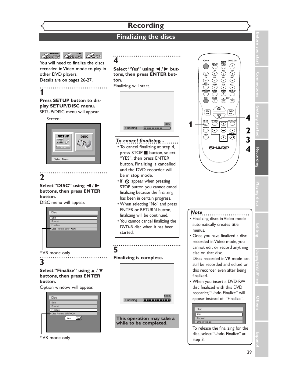 Recording, Finalizing the discs, Finalizing is complete | This operation may take a while to be completed | Sharp DV-SR45U User Manual | Page 39 / 102