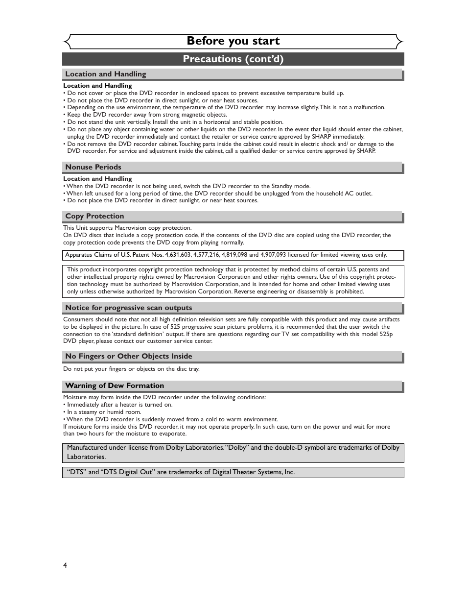 Before you start, Precautions (cont’d) | Sharp DV-SR45U User Manual | Page 4 / 102