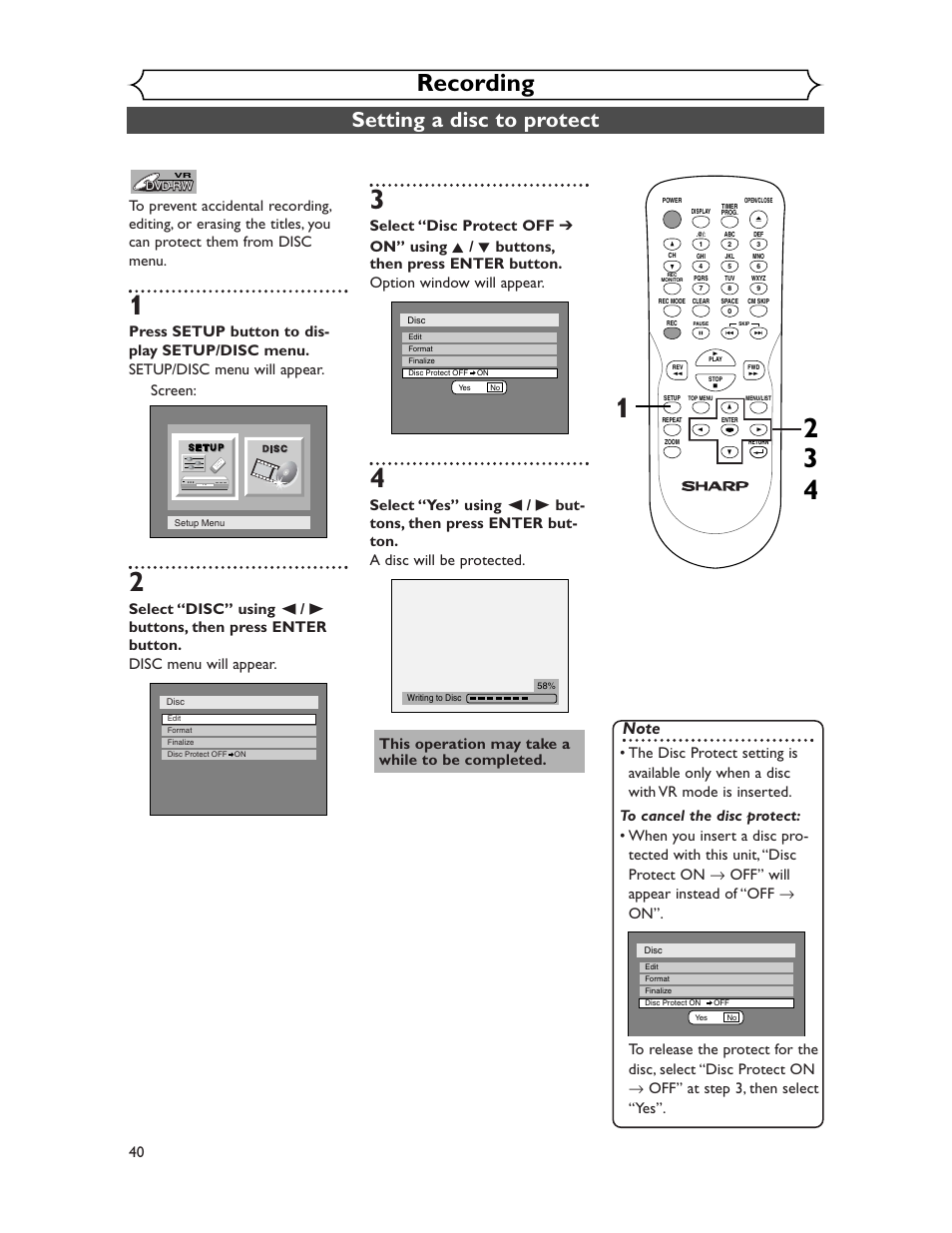 Recording, Setting a disc to protect, This operation may take a while to be completed | Sharp DV-SR45U User Manual | Page 40 / 102