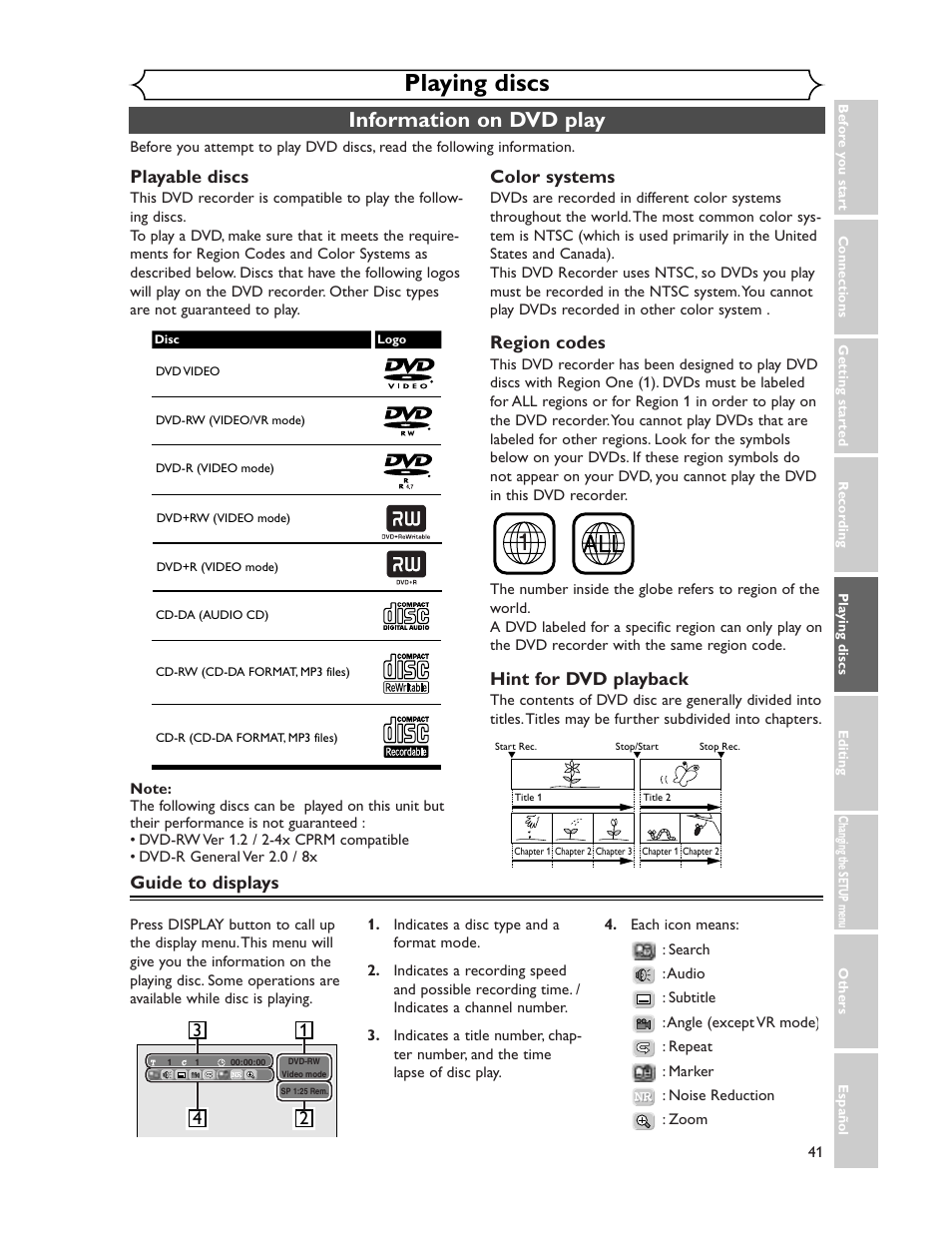 Playing discs, Information on dvd play, 13 2 4 guide to displays playable discs | Color systems, Region codes, Hint for dvd playback | Sharp DV-SR45U User Manual | Page 41 / 102