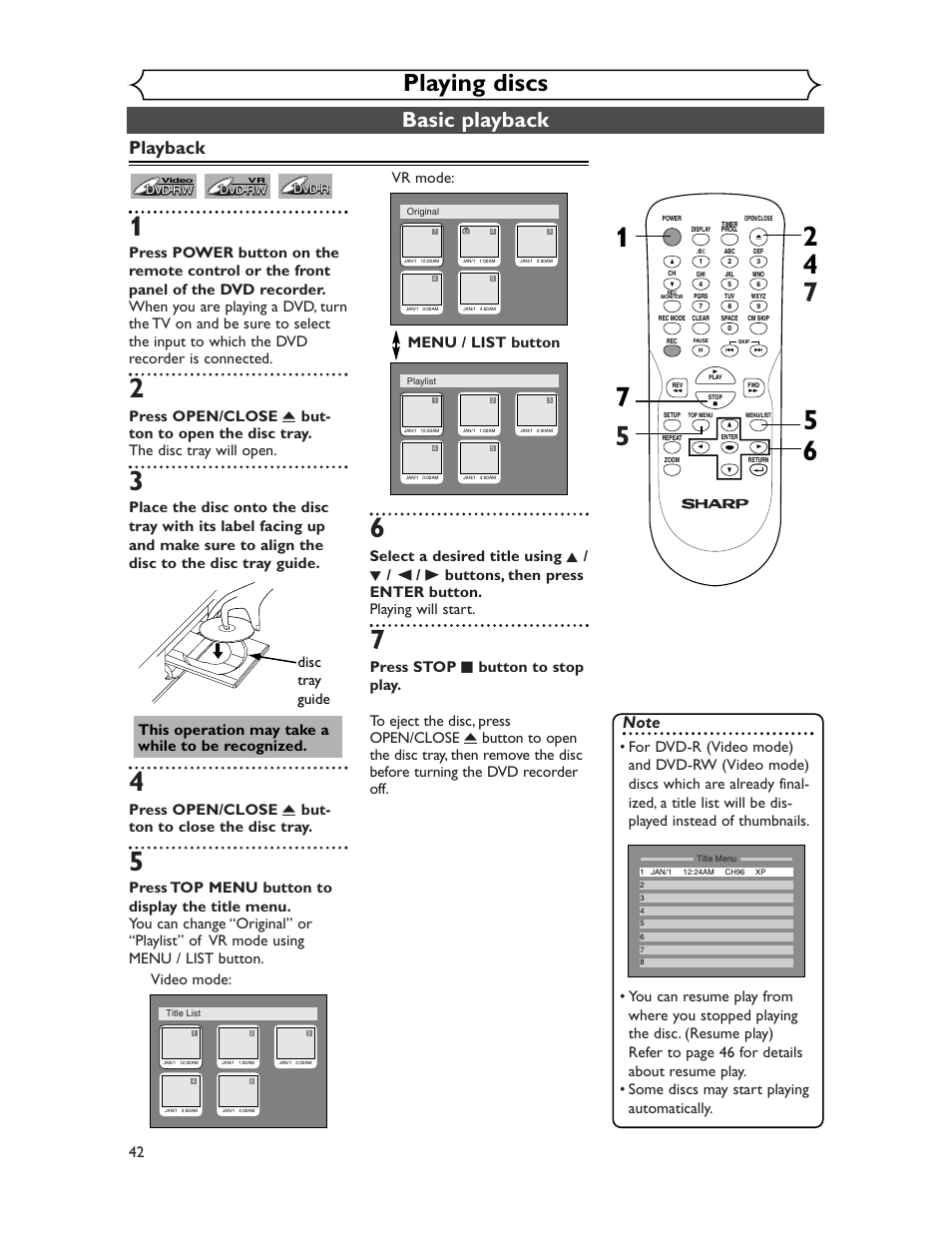 Playing discs, Basic playback, Playback | Press open/close a but- ton to close the disc tray, Disc tray guide, This operation may take a while to be recognized | Sharp DV-SR45U User Manual | Page 42 / 102