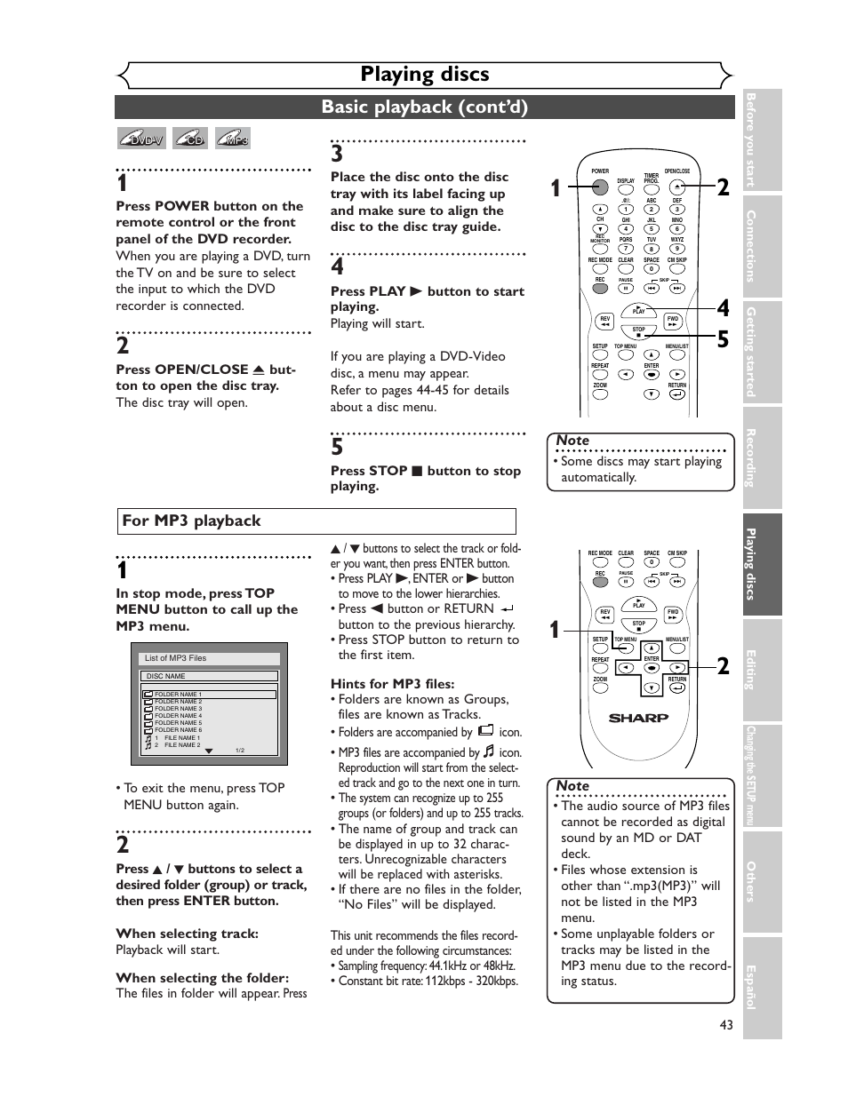 Playing discs, Basic playback (cont’d), For mp3 playback | Press stop c button to stop playing, Some discs may start playing automatically | Sharp DV-SR45U User Manual | Page 43 / 102