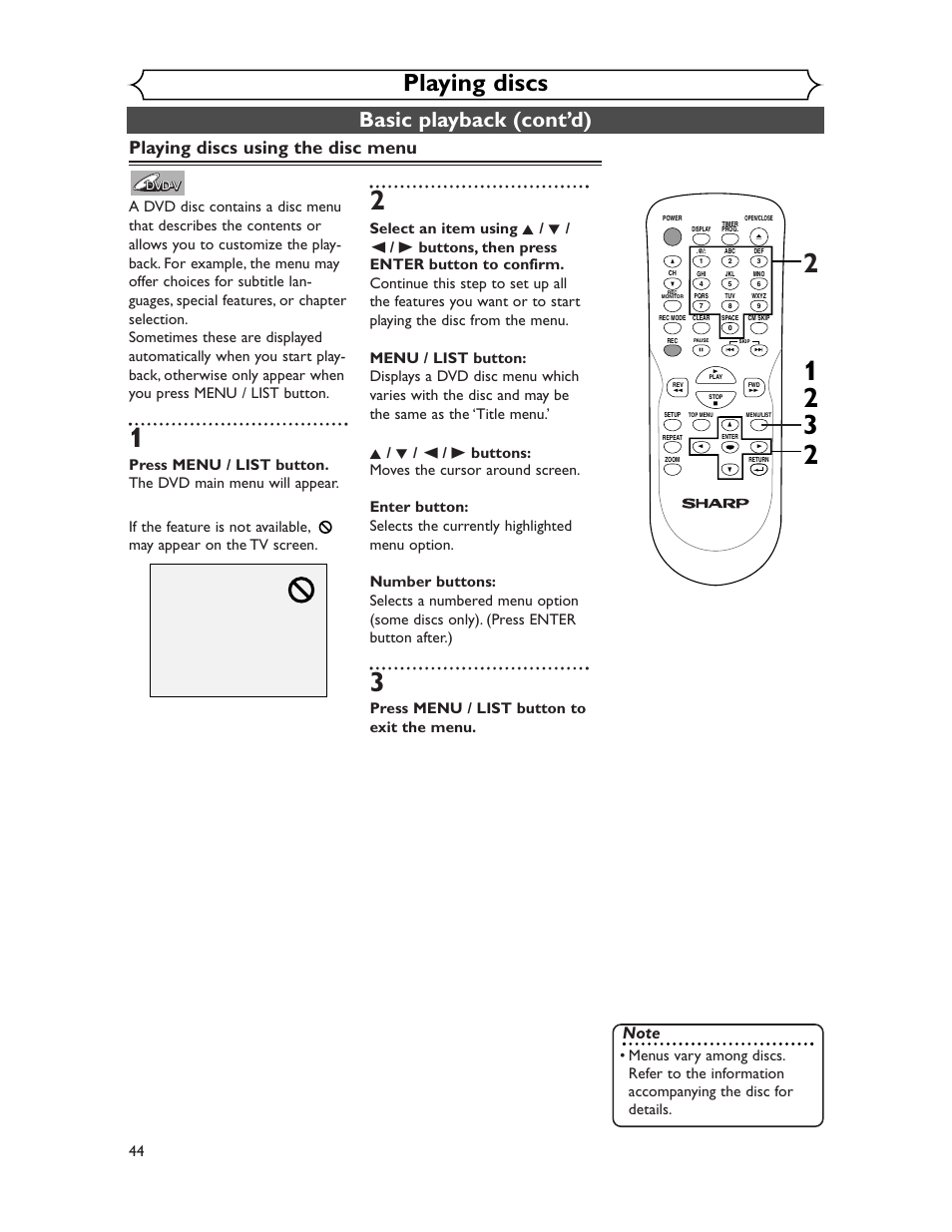 Playing discs, Basic playback (cont’d), Playing discs using the disc menu | Press menu / list button to exit the menu | Sharp DV-SR45U User Manual | Page 44 / 102