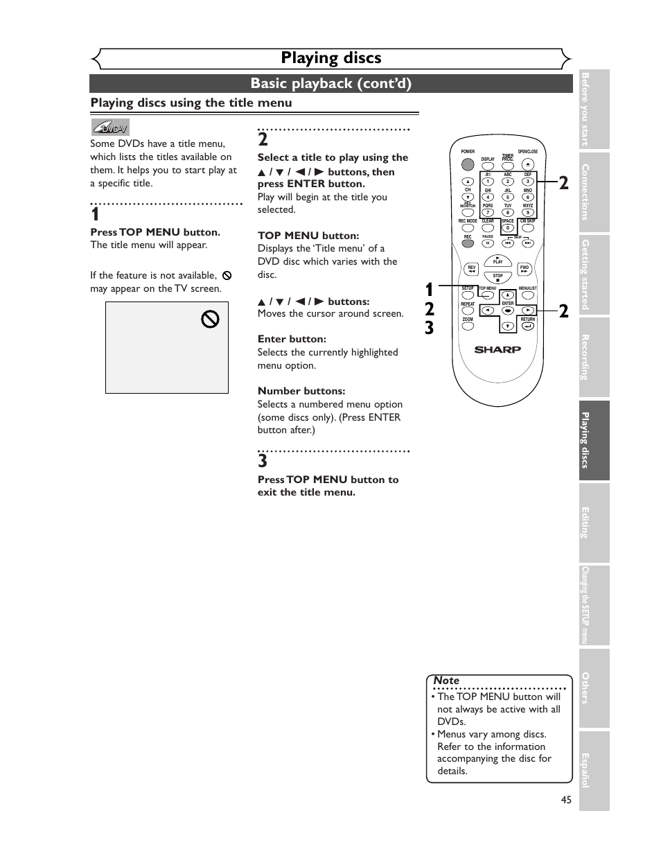 Playing discs, Basic playback (cont’d), Playing discs using the title menu | Press top menu button to exit the title menu | Sharp DV-SR45U User Manual | Page 45 / 102