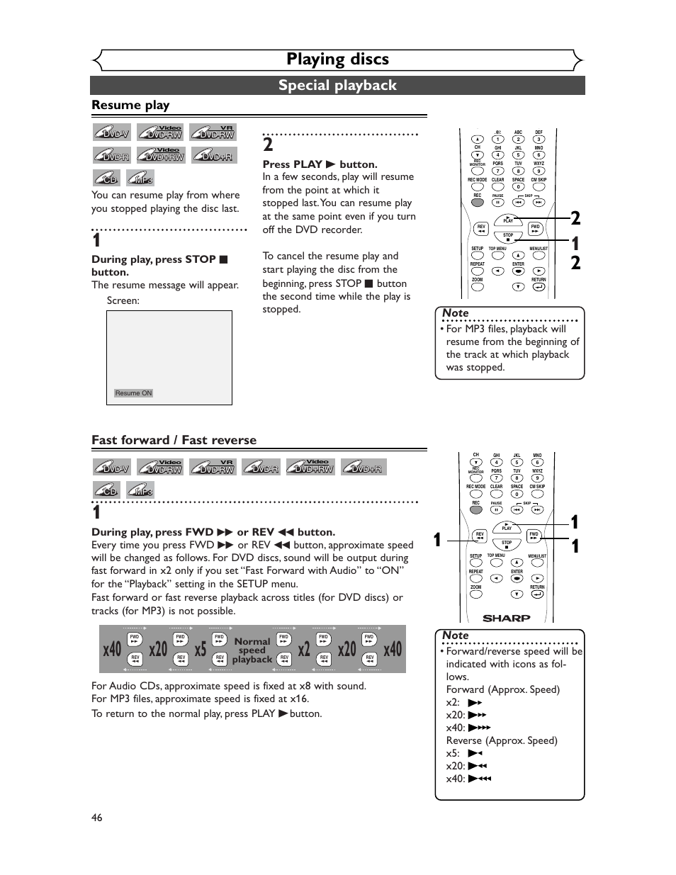 Playing discs, Special playback, Resume play | Fast forward / fast reverse, Normal speed playback | Sharp DV-SR45U User Manual | Page 46 / 102