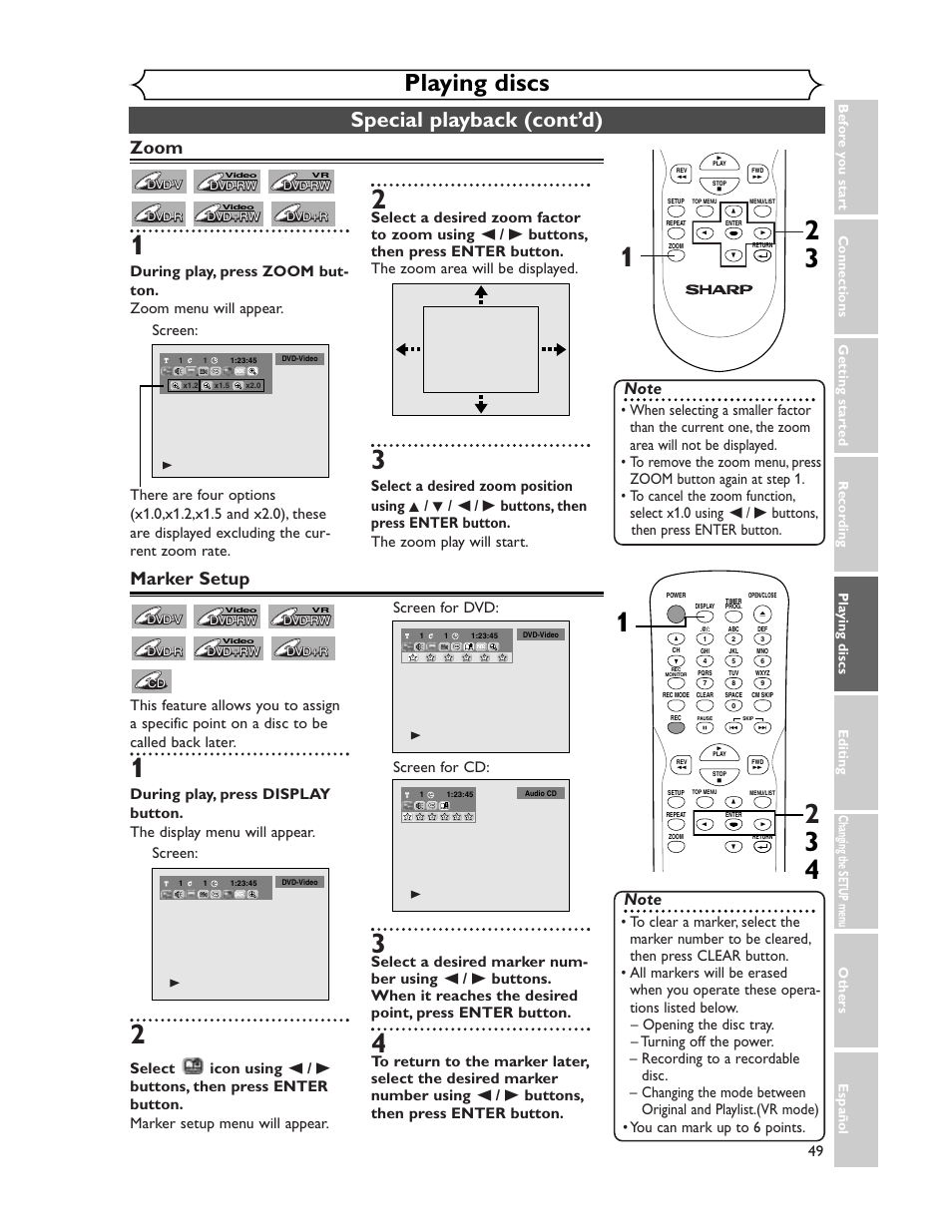 Playing discs, Special playback (cont’d), Zoom | Marker setup | Sharp DV-SR45U User Manual | Page 49 / 102