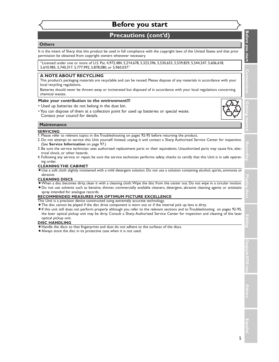 Before you start, Precautions (cont’d) | Sharp DV-SR45U User Manual | Page 5 / 102