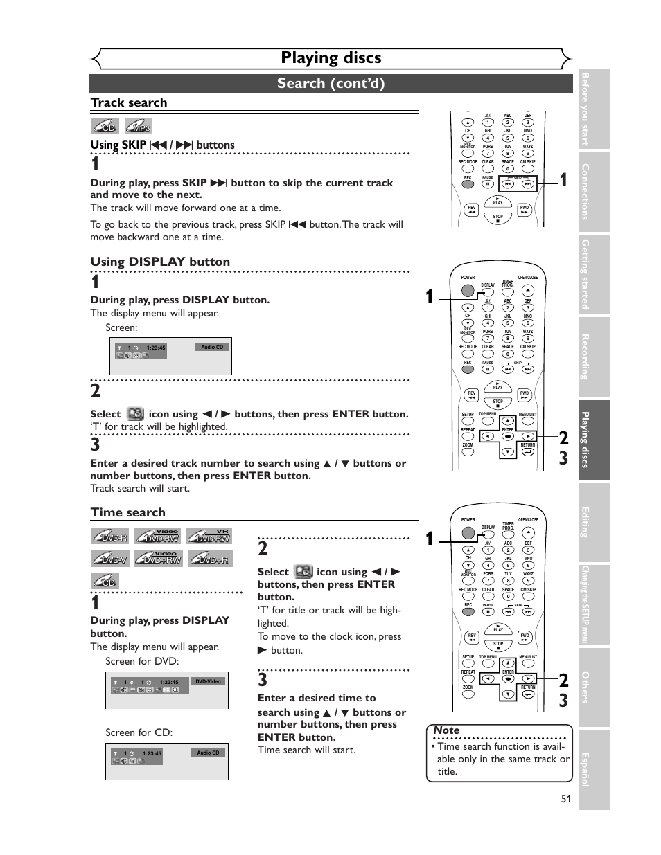 Playing discs, Search (cont’d), Track search using skip h / g buttons | Time search, Using display button | Sharp DV-SR45U User Manual | Page 51 / 102