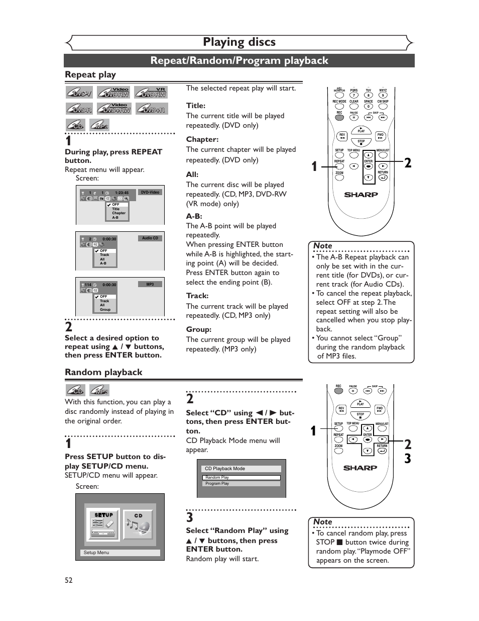 Playing discs, Repeat/random/program playback, Repeat play | Random playback | Sharp DV-SR45U User Manual | Page 52 / 102