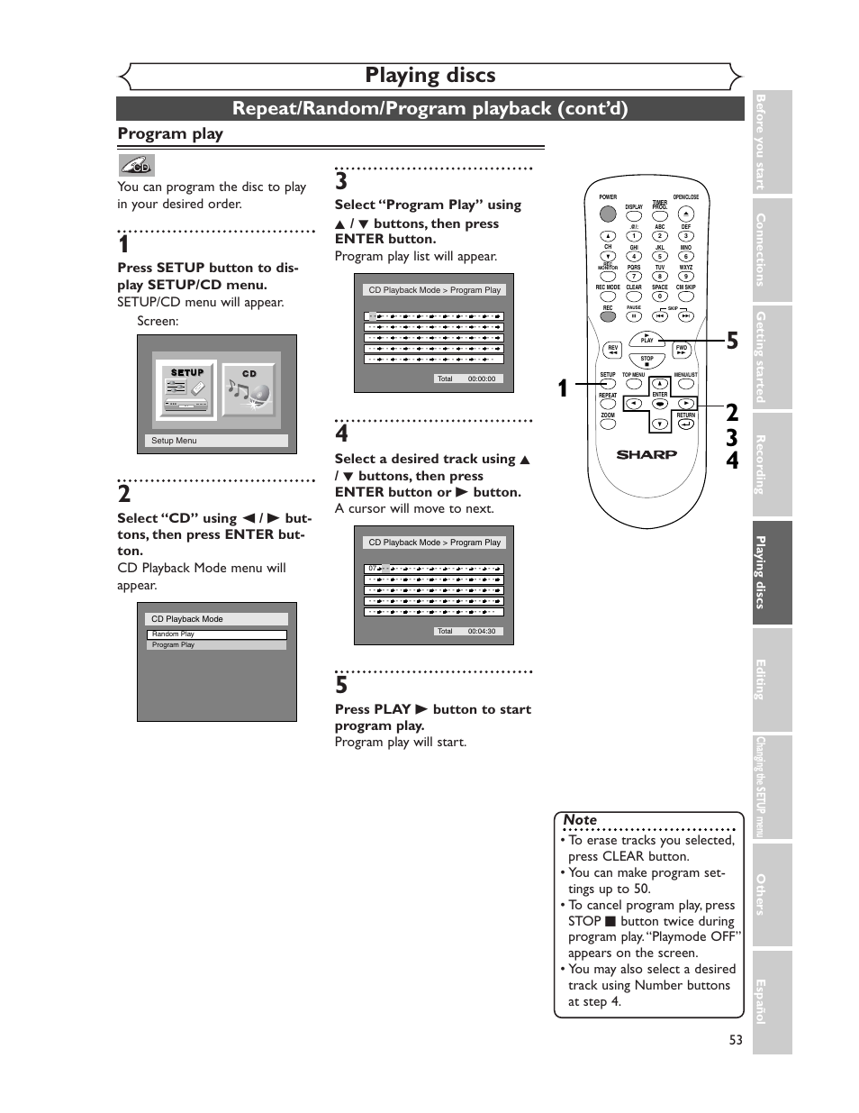 Playing discs, Repeat/random/program playback (cont’d), Program play | Sharp DV-SR45U User Manual | Page 53 / 102