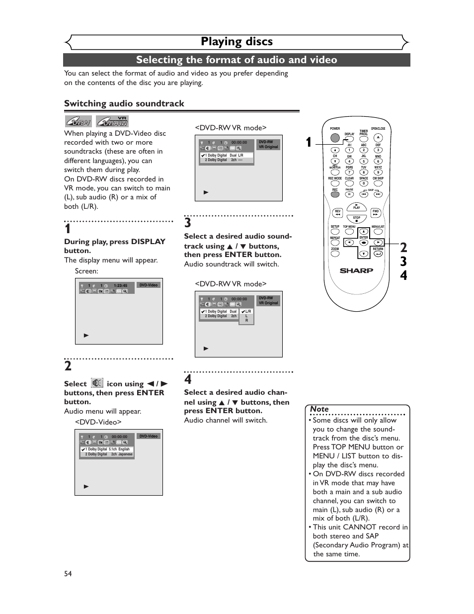 Playing discs, Selecting the format of audio and video, Switching audio soundtrack | Sharp DV-SR45U User Manual | Page 54 / 102