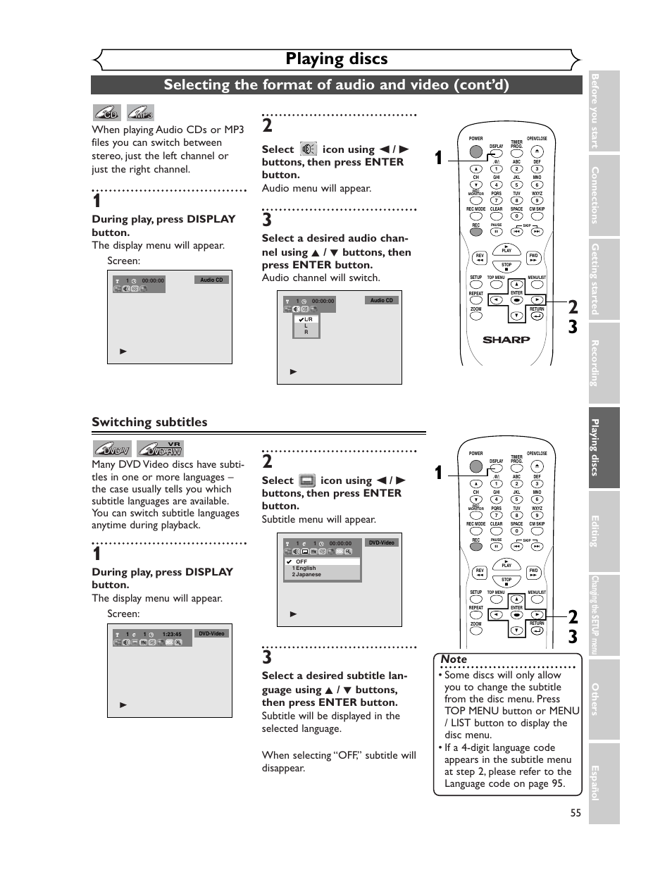 Playing discs, Selecting the format of audio and video (cont’d), Switching subtitles | Sharp DV-SR45U User Manual | Page 55 / 102