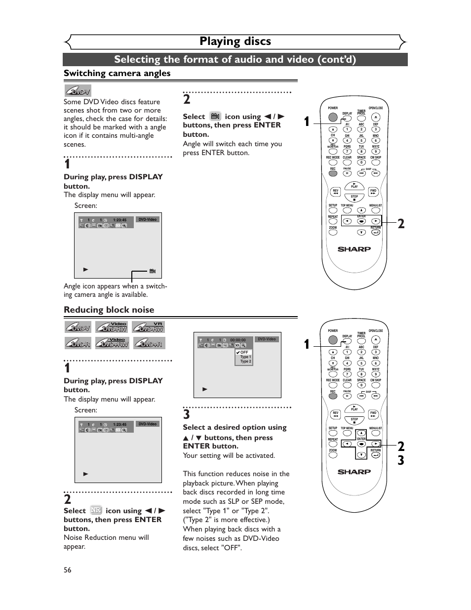 Playing discs, Selecting the format of audio and video (cont’d), Switching camera angles | Reducing block noise | Sharp DV-SR45U User Manual | Page 56 / 102