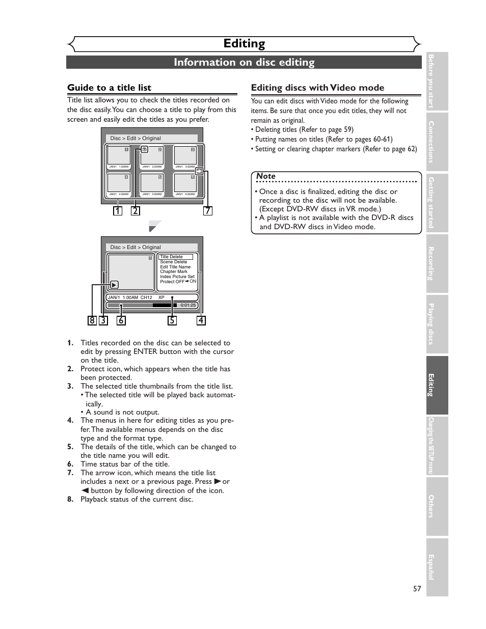 Editing, Information on disc editing, Guide to a title list | Editing discs with video mode | Sharp DV-SR45U User Manual | Page 57 / 102