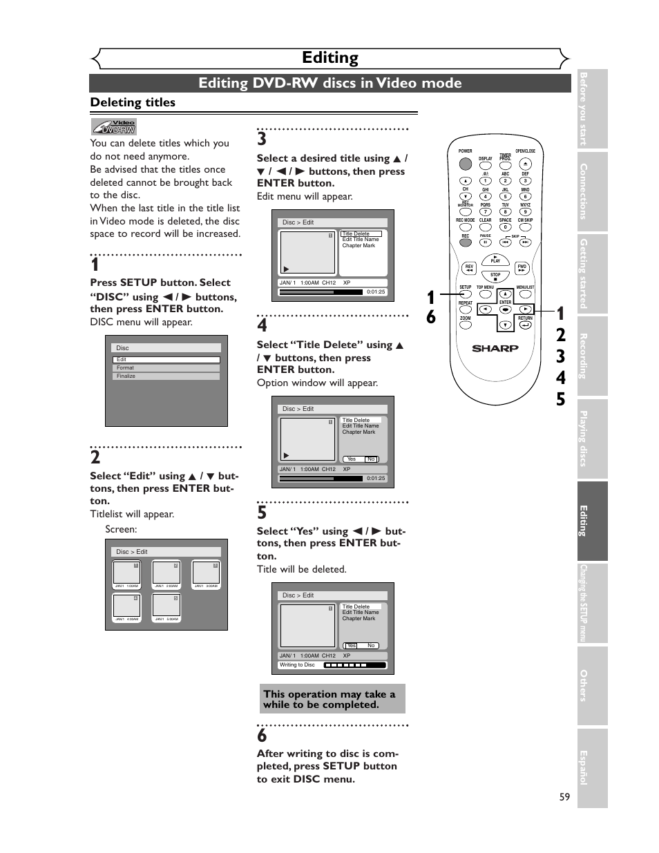 Editing, Editing dvd-rw discs in video mode, Deleting titles | Sharp DV-SR45U User Manual | Page 59 / 102