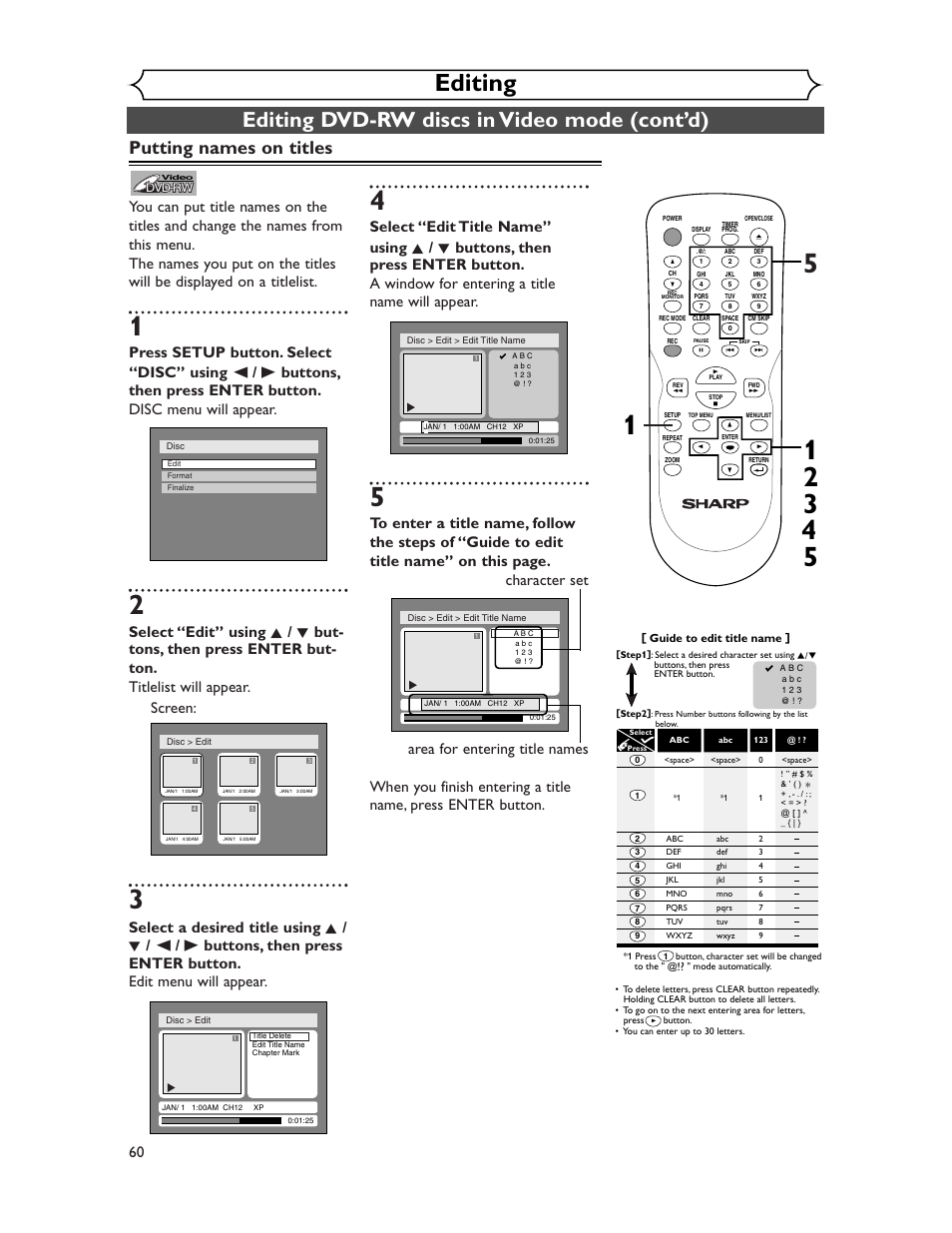 Editing, Editing dvd-rw discs in video mode (cont’d), Putting names on titles | Sharp DV-SR45U User Manual | Page 60 / 102