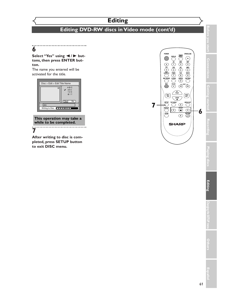 Editing, Editing dvd-rw discs in video mode (cont’d) | Sharp DV-SR45U User Manual | Page 61 / 102