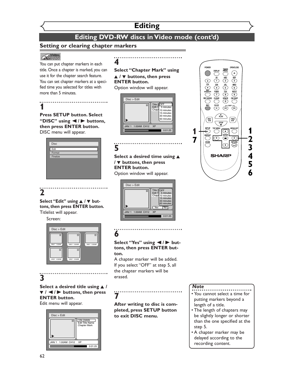 Editing, Editing dvd-rw discs in video mode (cont’d), Setting or clearing chapter markers | Sharp DV-SR45U User Manual | Page 62 / 102