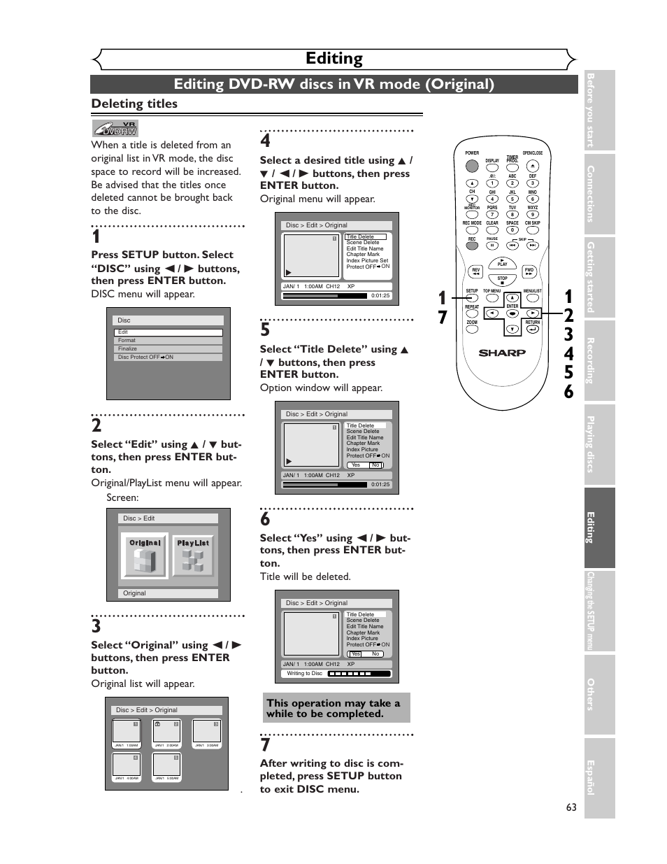 Editing, Editing dvd-rw discs in vr mode (original), Deleting titles | Sharp DV-SR45U User Manual | Page 63 / 102