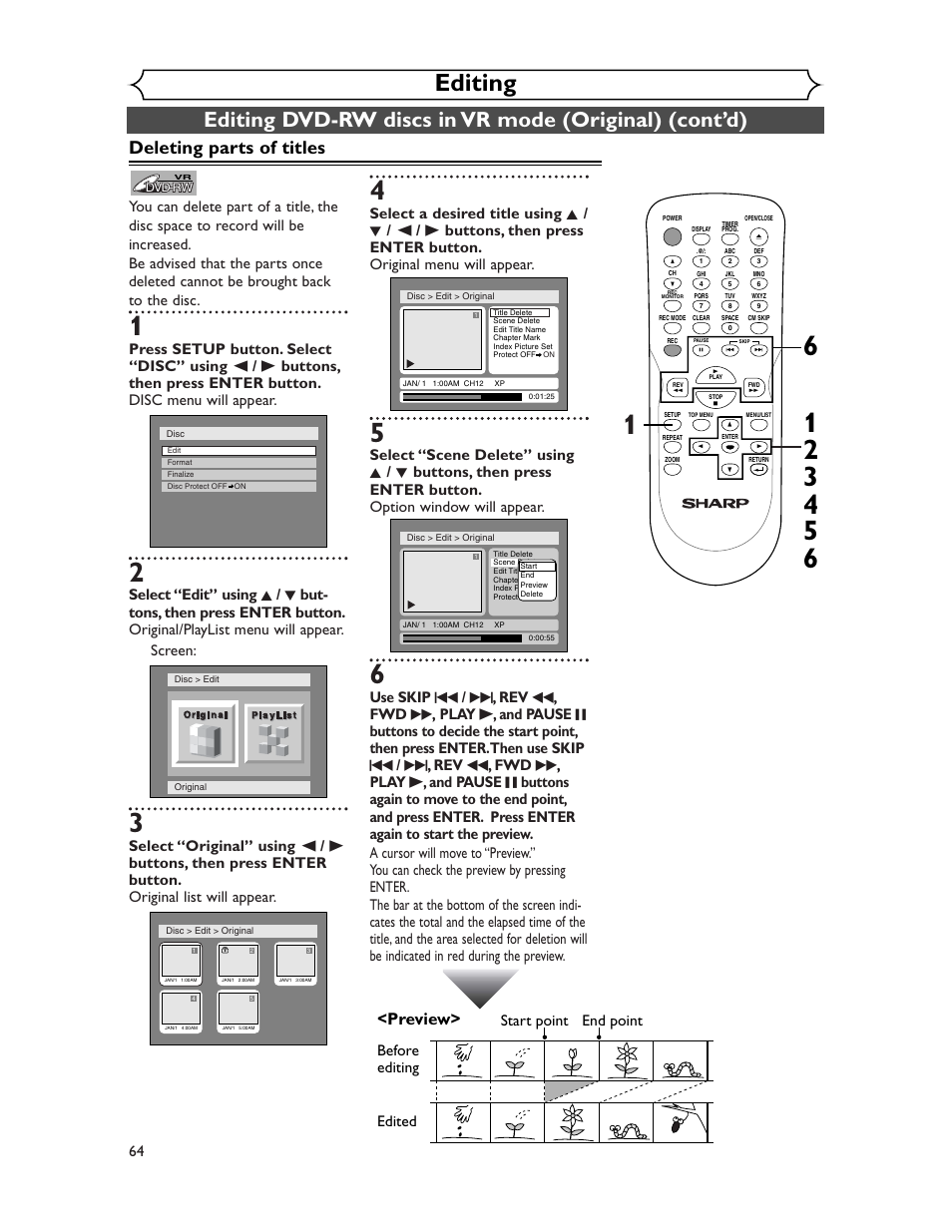 Editing, Deleting parts of titles, Preview | Before editing | Sharp DV-SR45U User Manual | Page 64 / 102