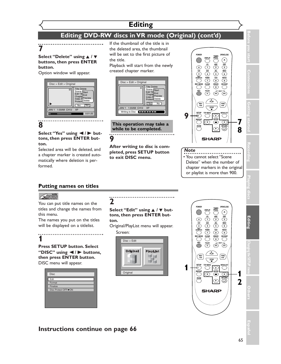 Editing, Instructions continue on page 66, Putting names on titles | Sharp DV-SR45U User Manual | Page 65 / 102