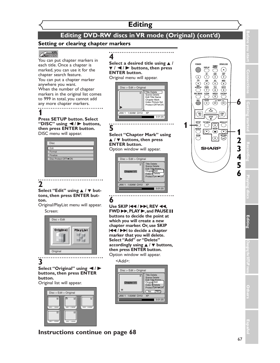 Editing, Instructions continue on page 68, Setting or clearing chapter markers | Sharp DV-SR45U User Manual | Page 67 / 102