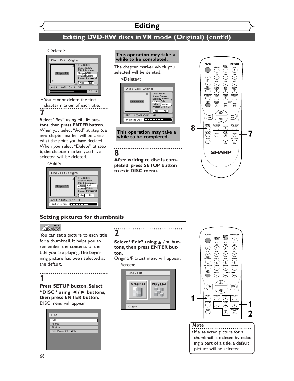 Editing, Setting pictures for thumbnails, This operation may take a while to be completed | Sharp DV-SR45U User Manual | Page 68 / 102