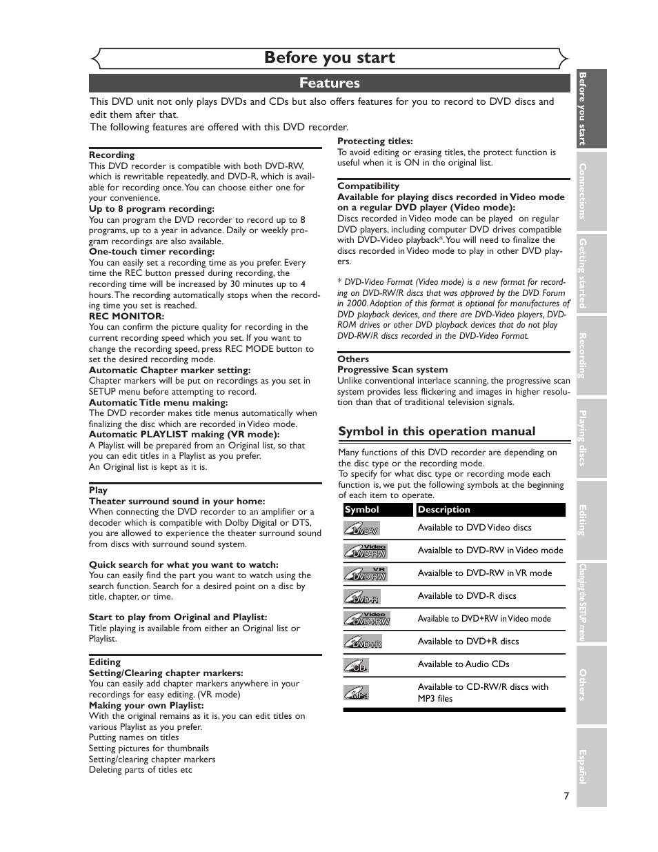 Before you start, Features, Symbol in this operation manual | Sharp DV-SR45U User Manual | Page 7 / 102