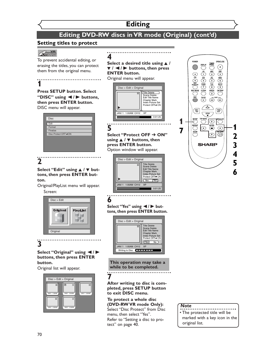 Editing, Setting titles to protect | Sharp DV-SR45U User Manual | Page 70 / 102