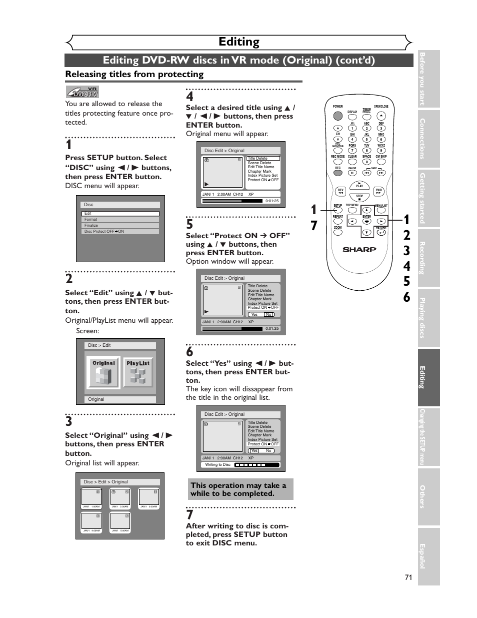 Editing, Releasing titles from protecting | Sharp DV-SR45U User Manual | Page 71 / 102