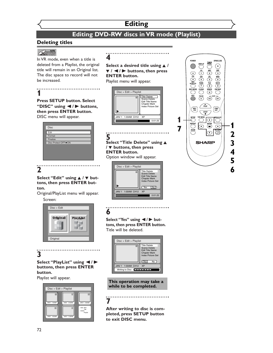 Editing, Editing dvd-rw discs in vr mode (playlist), Deleting titles | Sharp DV-SR45U User Manual | Page 72 / 102