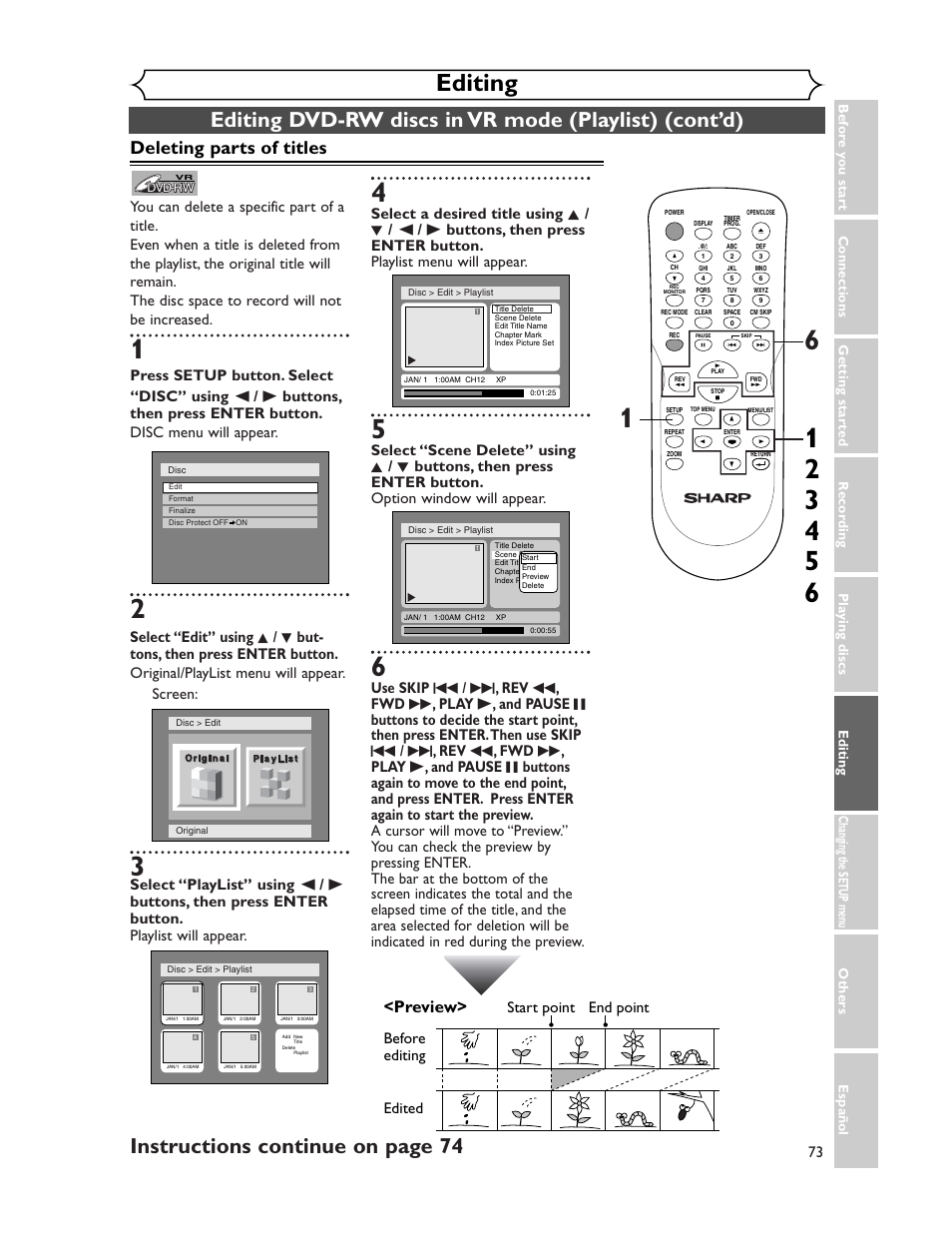 Editing, Instructions continue on page 74, Deleting parts of titles | Preview, Before editing, Edited start point end point | Sharp DV-SR45U User Manual | Page 73 / 102