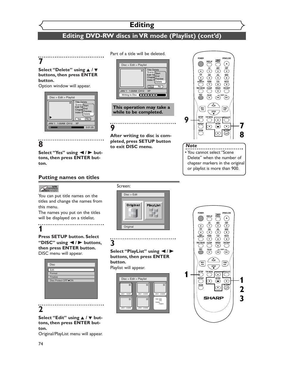 Editing, Putting names on titles | Sharp DV-SR45U User Manual | Page 74 / 102