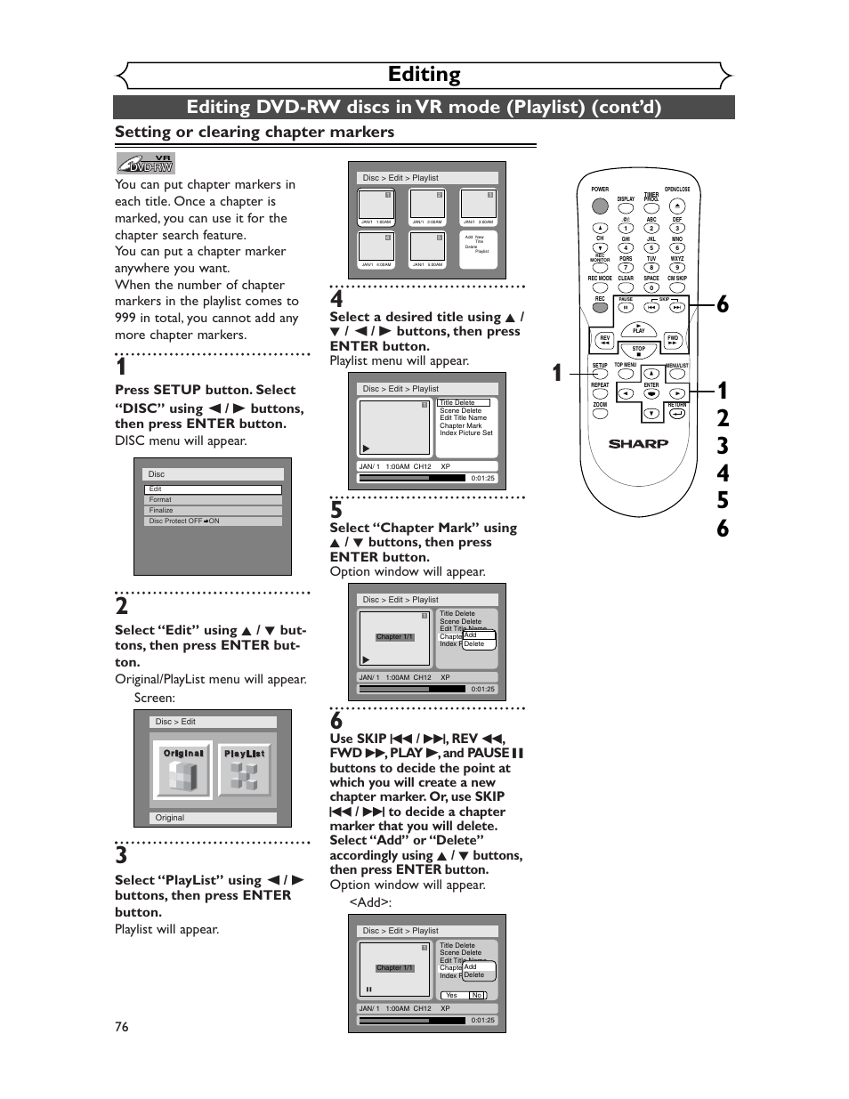 Editing, Setting or clearing chapter markers | Sharp DV-SR45U User Manual | Page 76 / 102