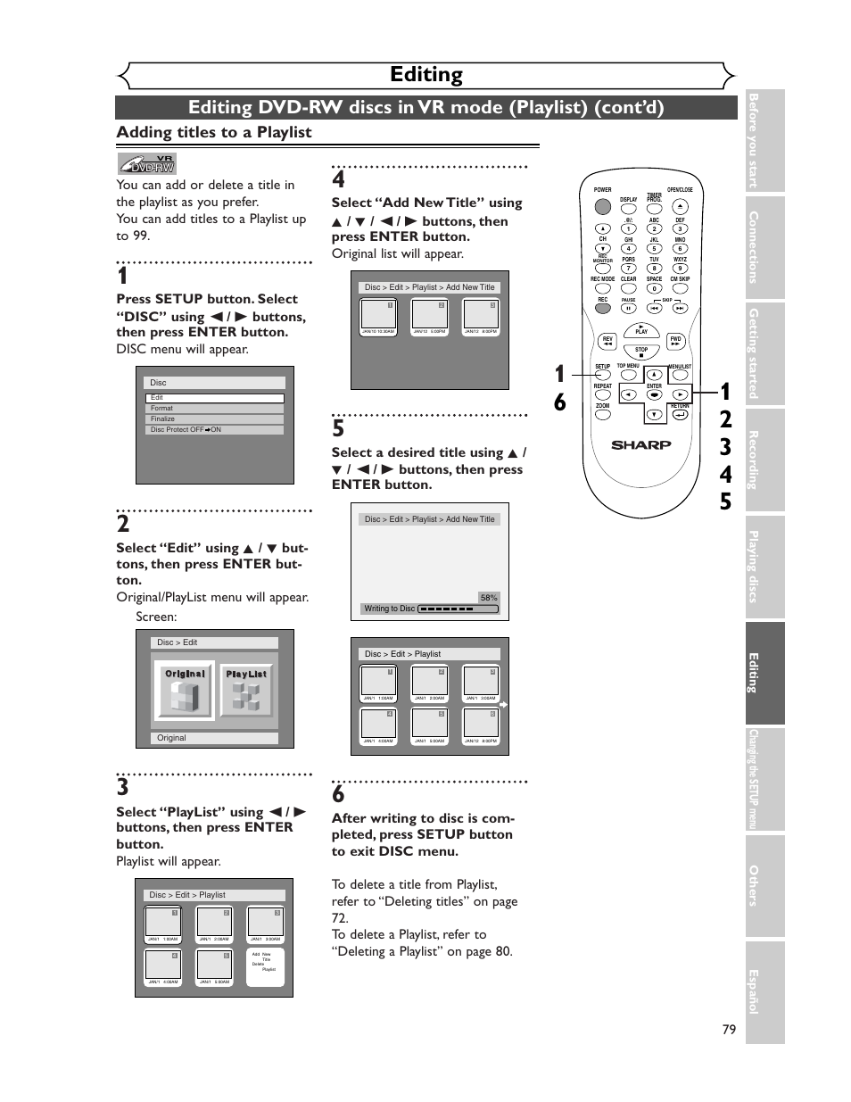 Editing, Adding titles to a playlist | Sharp DV-SR45U User Manual | Page 79 / 102