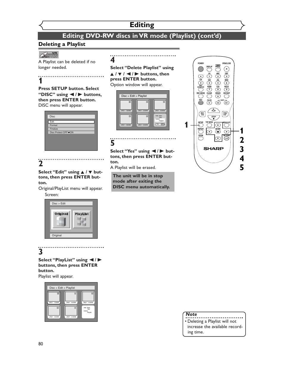 Editing, Deleting a playlist | Sharp DV-SR45U User Manual | Page 80 / 102