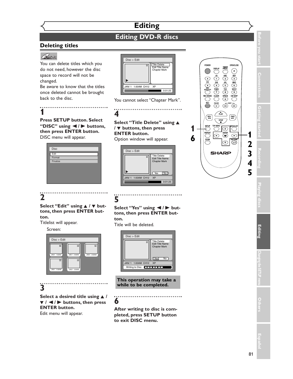 Editing, Editing dvd-r discs, Deleting titles | Sharp DV-SR45U User Manual | Page 81 / 102