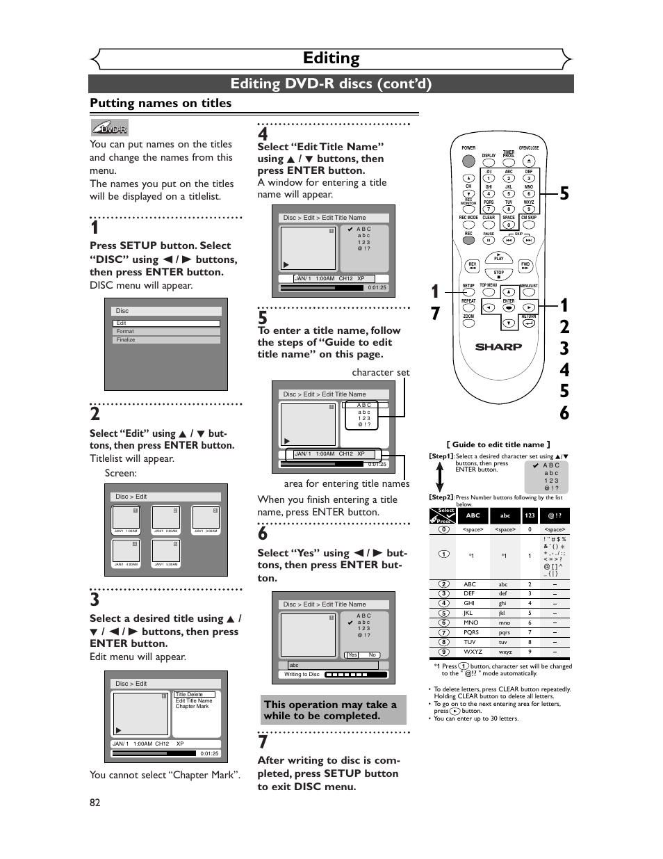 Editing, Editing dvd-r discs (cont’d), Putting names on titles | Sharp DV-SR45U User Manual | Page 82 / 102