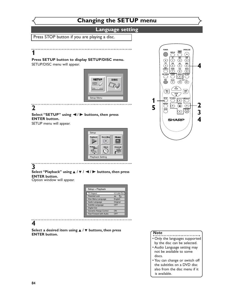 Changing the setup menu, Language setting, Press stop button if you are playing a disc | Sharp DV-SR45U User Manual | Page 84 / 102