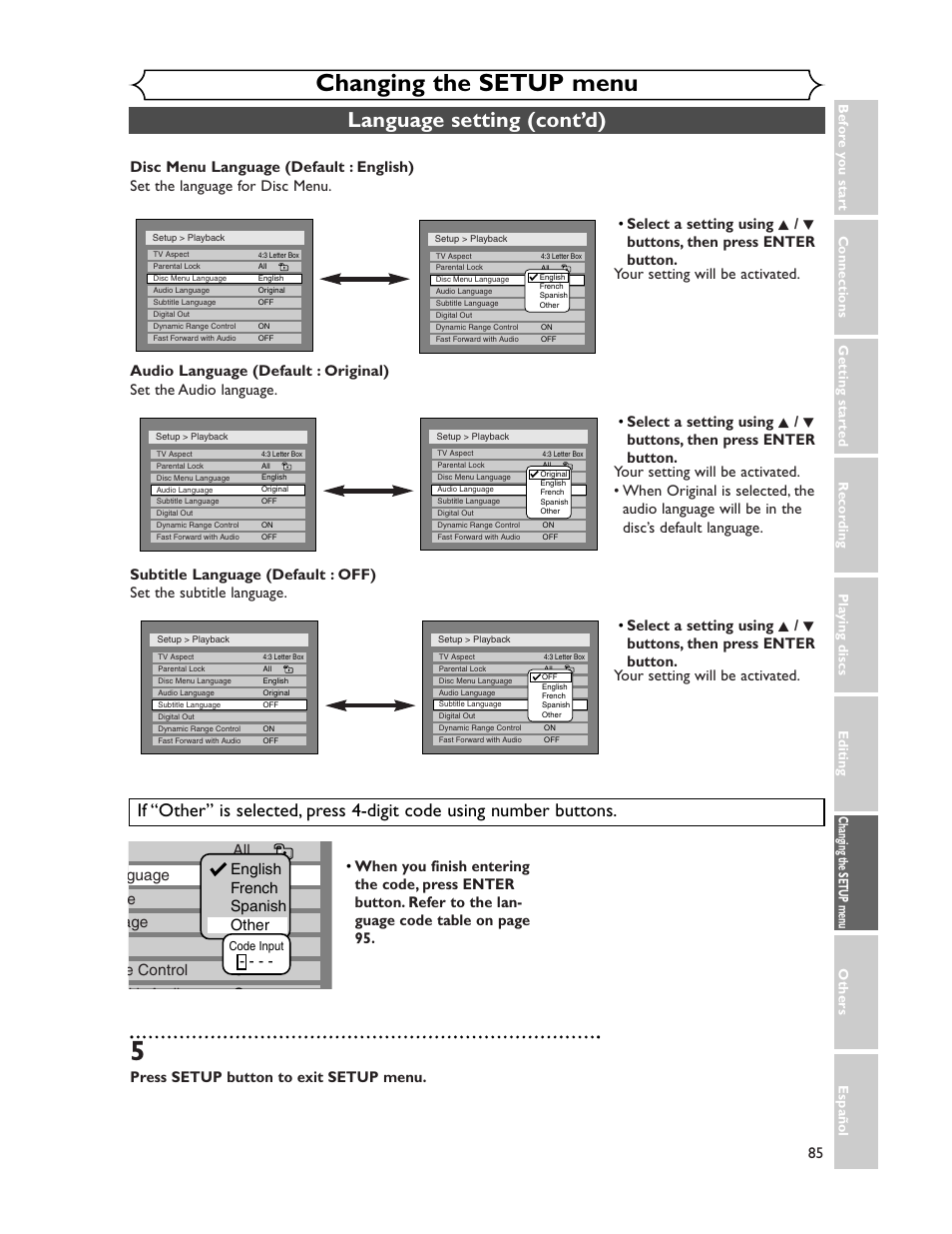 Changing the setup menu, Language setting (cont’d), Press setup button to exit setup menu | Sharp DV-SR45U User Manual | Page 85 / 102