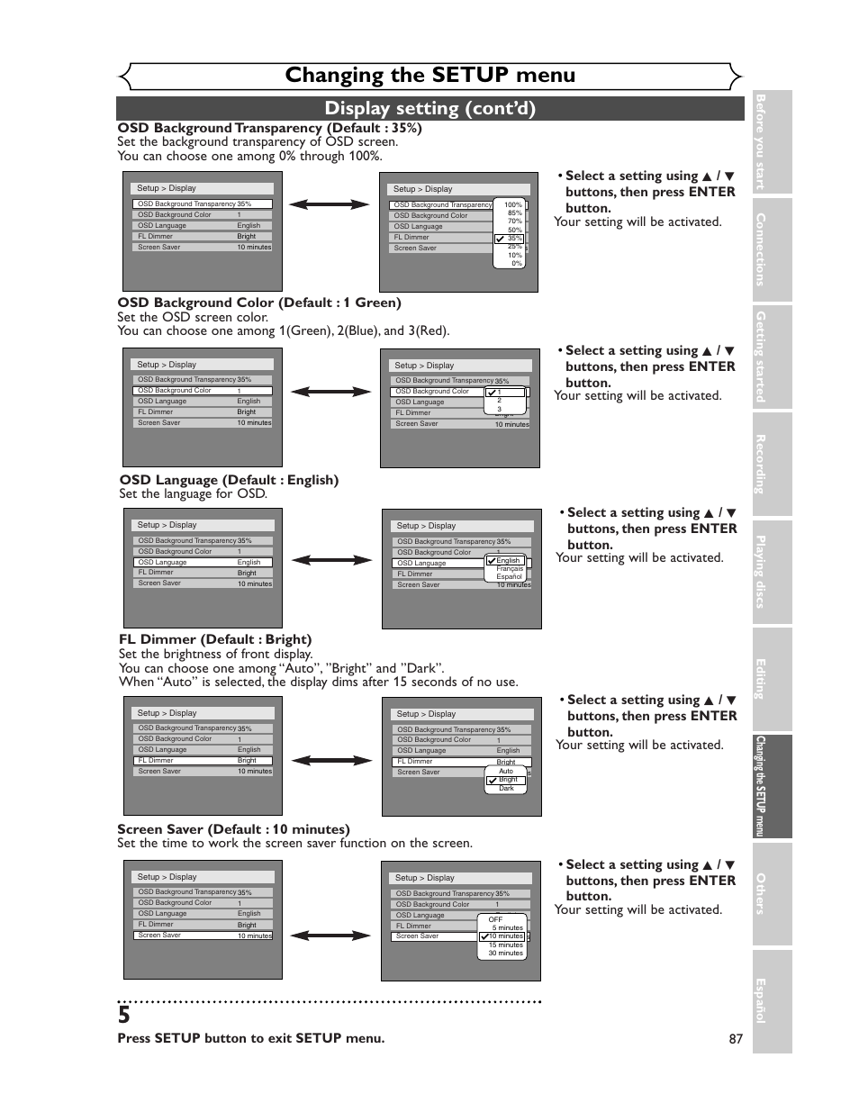 Changing the setup menu, Display setting (cont’d), Press setup button to exit setup menu | Sharp DV-SR45U User Manual | Page 87 / 102